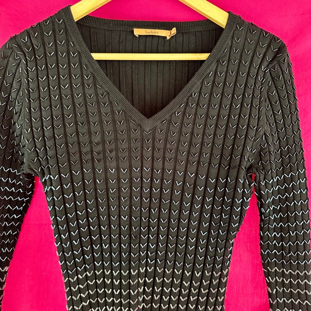 Black Beaded Ribbed Knit Long Sleeve Sweater Glam Party Belldini Small - Picture 17 of 17